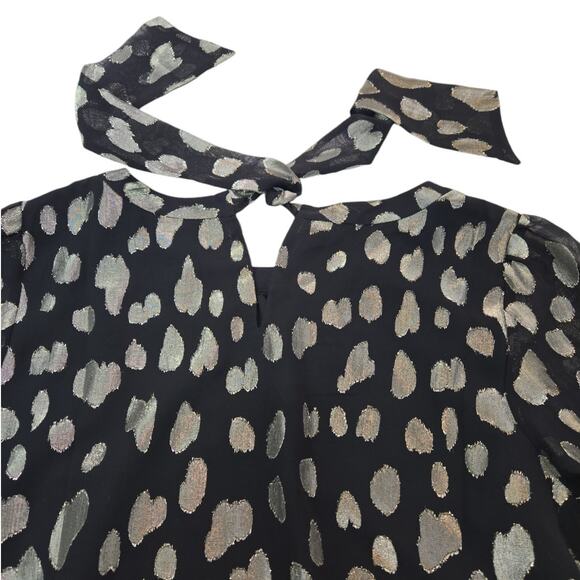 Talbots | Black & Silver, Clip Dot, Tie Back Blouse | Size Petite XL - Picture 8 of 9